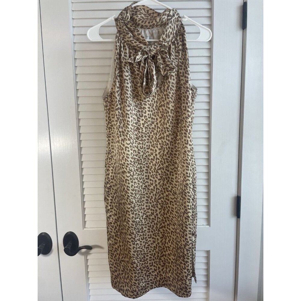 Sara Campbell 100% Silk Leopard Print Midi Dress Womens 4 Tie Neck Sleeveless US